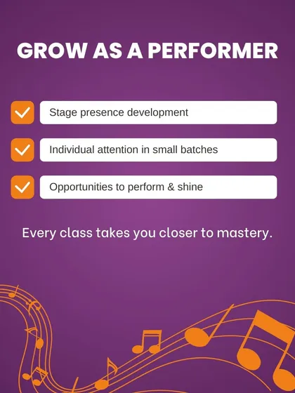 As you progress, the focus shifts to growing as a performer. This graphic highlights our emphasis on stage presence development, individual attention in small batches, and providing opportunities for you to perform and shine.
