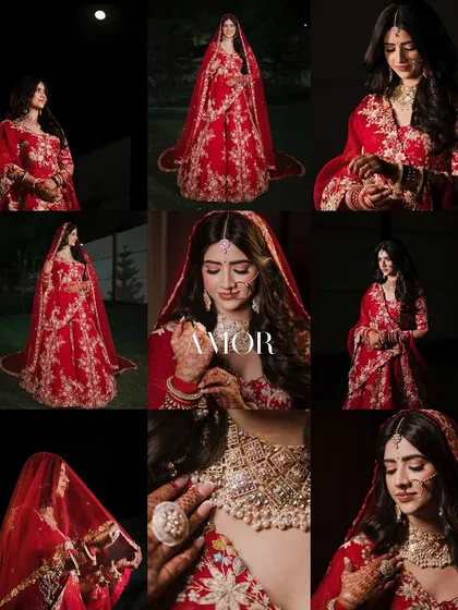 A collage of the bride's portraits in her red lehenga. Titled 'Amor', it features a variety of poses and close-ups that capture her beauty from every angle.