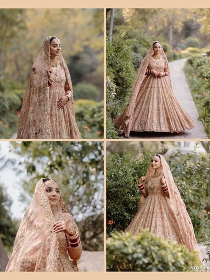 A collage showcasing the Sikh bride, Simranjeet, in her serene and elegant wedding attire before the Anand Karaj ceremony.