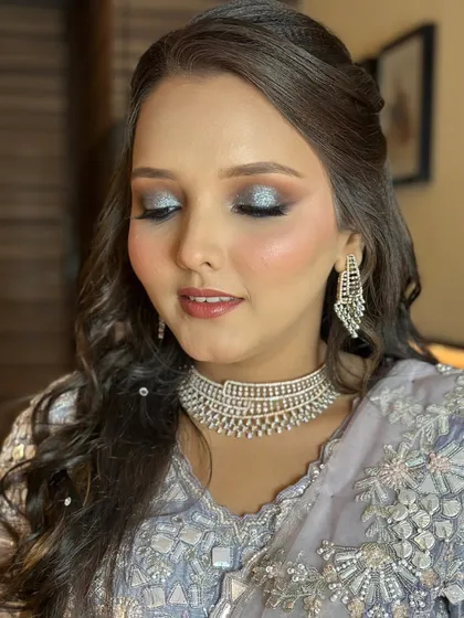 Another angle of the glittery eye makeup, a technique I teach in my advanced workshops for creating high-impact party looks.