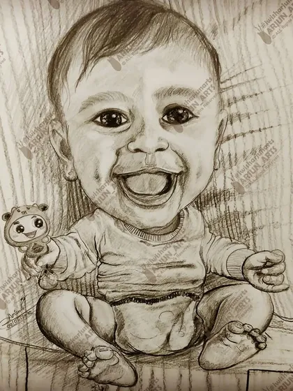 Capturing the pure joy of a baby's smile is always a pleasure. This is a detailed pencil sketch caricature, focusing on the baby's happy expression and chubby cheeks. It’s a timeless keepsake for any parent.