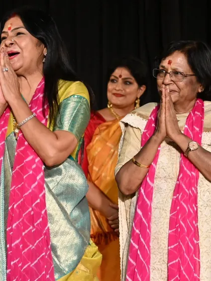 A moment of shared joy and gratitude with guests during Anvita's arangetram. The support from the artistic community is invaluable.
