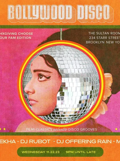 A poster for a "Choose Your Fam" edition of Bollywood Disco, with a distinct retro visual style.