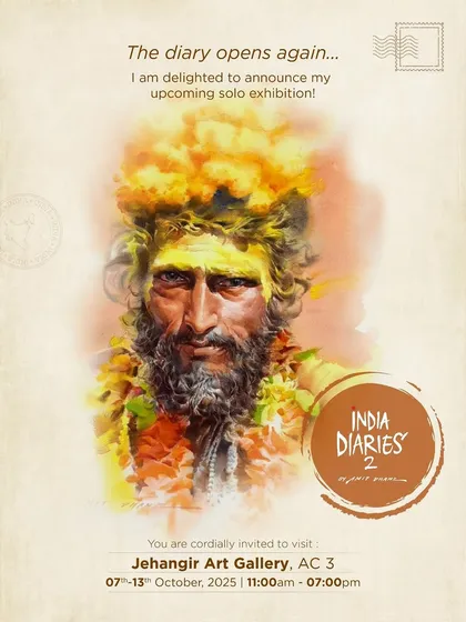 This is the announcement for my upcoming solo exhibition, "India Diaries: 2," at the prestigious Jehangir Art Gallery in Mumbai. The portrait featured is a watercolour piece that embodies the cultural storytelling central to my work.