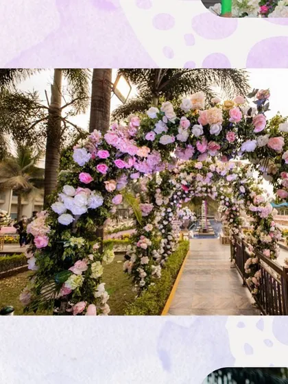 A stunning floral archway we designed for a wedding entrance. This path leads to a poolside ceremony, creating a breathtaking walk for the bride and guests.