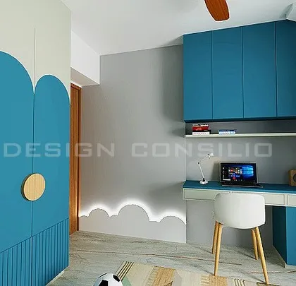 A 3D render of a kids' bedroom with a playful blue and grey color scheme. The cloud-shaped wall detail and scalloped wardrobe doors add a touch of whimsy and fun.