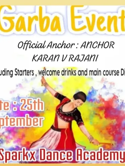 Another promotional graphic for a Garba event, showcasing me as the main host. I help manage the event flow, from welcoming guests to announcing performances and prizes.