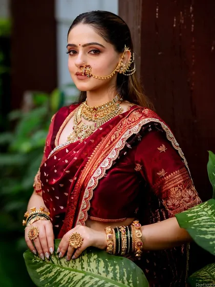 This portrait showcases the soft yet defined makeup that complements a traditional Navari look. The focus is on clean lines and a radiant complexion against the rich velvet of her saree.