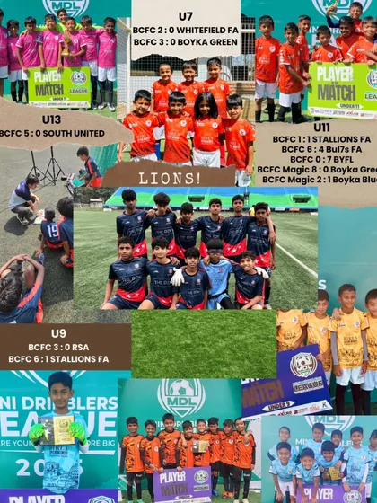A collage showcasing the fantastic results from a weekend of matches for our U7, U9, U11, and U13 teams in the Mini Dribblers League.