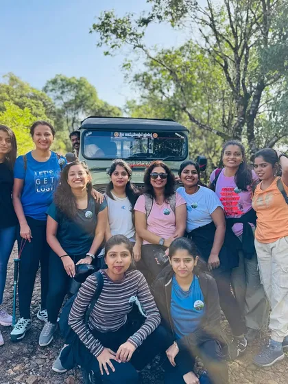 Our group posing with the jeep that takes us on the off road trails during the Bandaje trek.