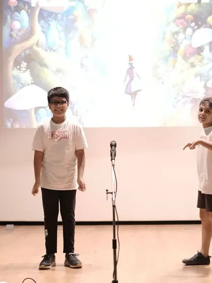 Two actors from 'Mission Unstoppable' practicing their scene. This highlights the importance of partner work and learning to build a dynamic relationship on stage.