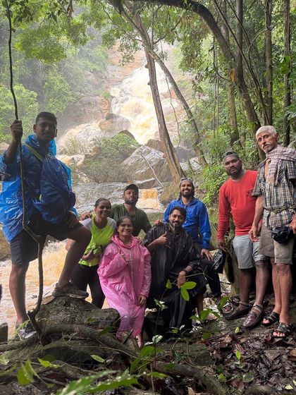 A group photo from our monsoon road trip where we explored 12 waterfalls in just 4 days. An epic adventure through the ghats.