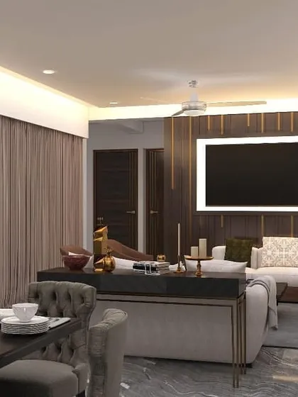 A 3D visualization of a living and dining area. This view shows how we plan the layout to connect the two spaces, using a console table to create a subtle separation while maintaining an open feel.