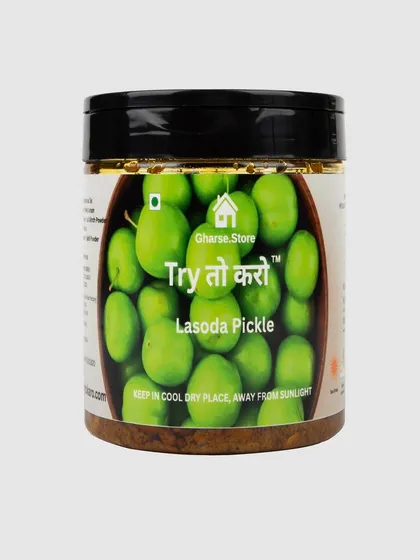 A smaller jar of Lasoda Pickle on a white background.