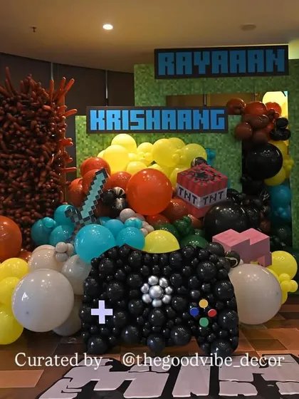 A detailed view of the Minecraft-themed decor for Krushna and Kashmera's sons' birthday party. The giant controller made of balloons was a huge hit with the kids.