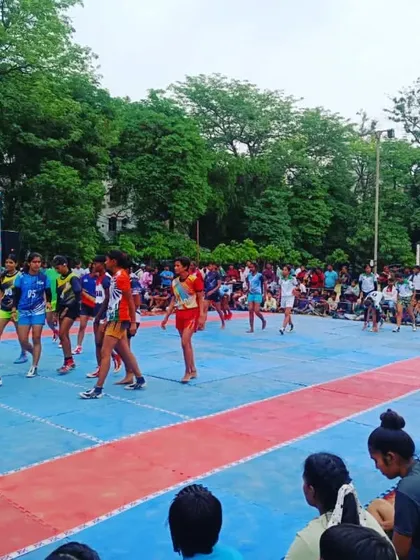 A kabaddi tournament in progress on a professional mat. Our players get exposure to playing on both traditional soil and modern mats.