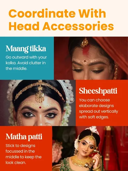 How to coordinate your kolka with your head accessories. This guide shows you how to pair your designs with a Maang Tikka, Sheeshpatti, or Matha Patti for a clean, elegant look.