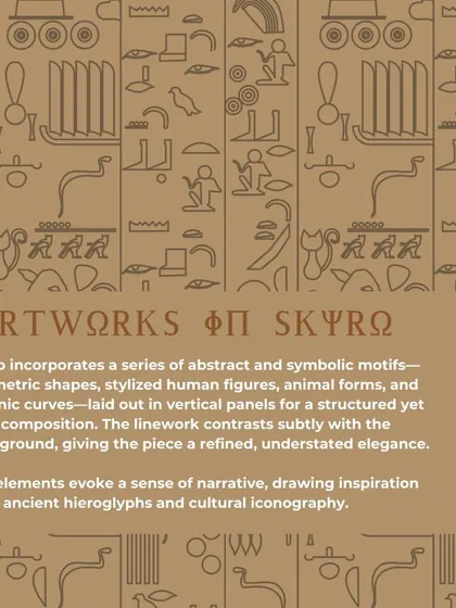 The artworks for Skyro incorporate abstract and symbolic motifs inspired by ancient hieroglyphs. The linework contrasts subtly with the background, giving the pieces a refined, understated elegance.