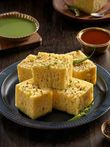 Soft and spongy Dhokla from Jain Sweets, garnished with mustard seeds and green chillies.