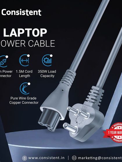 This is our 1.5-meter laptop power cable, featuring a 3-pin connector and a 350W load capacity. It's built with pure wire-grade copper and comes with a 1-year warranty for your peace of mind.