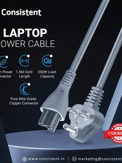 This laptop power cable is a reliable replacement or spare for your device. It features a 1.5-meter cord, a 3-pin power connector made of pure wire-grade copper, and can handle a 350W load capacity, all backed by a 1-year warranty.