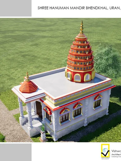 An aerial 3D view of the Hanuman Mandir, showing the rooftop and the placement of the 'shikhara'. This perspective is crucial for understanding the building's complete form.