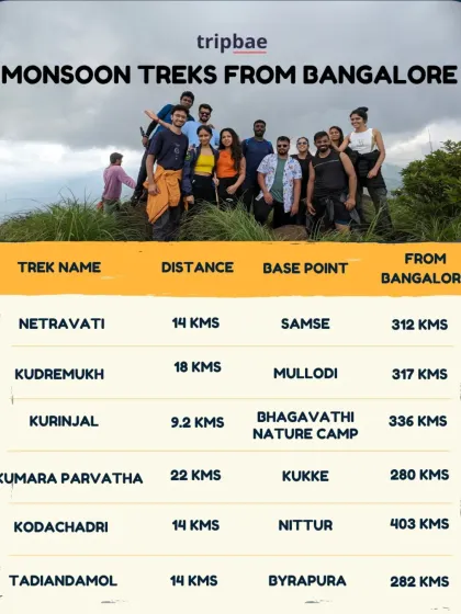 We offer a wide range of monsoon treks every Friday night. This graphic details some of our most sought after treks, including the challenging Kumara Parvatha and the scenic Kodachadri, with all logistics handled by us.