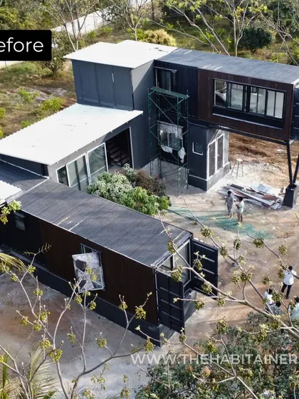 A "before" shot of the hybrid villa, showing the raw structure of containers and steel frames. This gives a sense of the scale and complexity involved in my larger custom projects.
