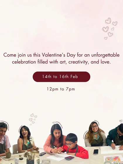 Our Valentine's celebration poster, inviting couples, friends, and solos to join us for a day of art, creativity, and love.