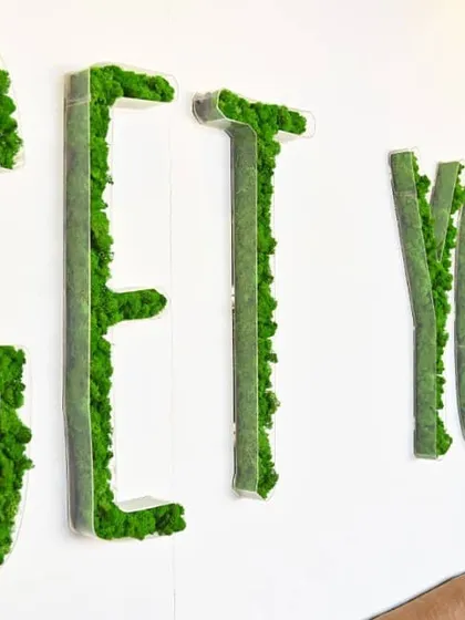 Custom moss lettering for 'The Fixx' pub in Bangalore. This type of moss art allows businesses to integrate their branding or a unique message into their interior design with a natural, tactile element.