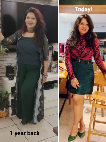 A fantastic one-year transformation that showcases a visibly toned and stronger physique. This client's journey combines Zumba, Pilates, and strength training, leading to increased confidence and a healthier body.
