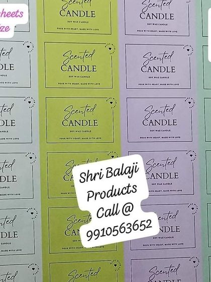 A sheet of colorful "Scented Candle" stickers. These are great for adding a professional touch to your products and come in a pack of 20 A3 sheets.