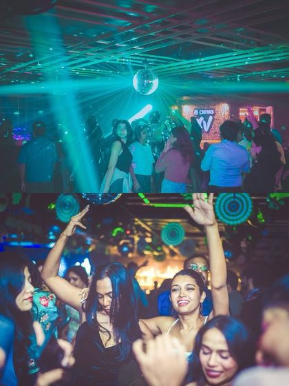 A collage showing the disco ball, lights, and happy dancers at Gawky Goose.