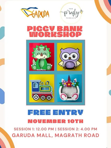 Here's an announcement for a free piggy bank workshop I hosted at Garuda Mall. I love taking my workshops on the road to bring the joy of DIY art to more kids and families in the community.