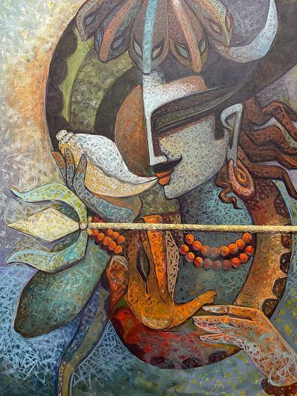 'SAVIOR-IV', a 24x30 inch acrylic on canvas piece depicting a modern interpretation of Lord Shiva with his trident and conch.
