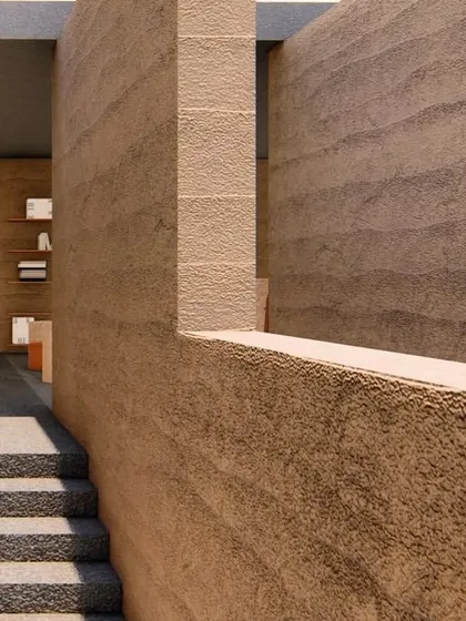 A rendering of an interior passage in the rammed earth retreat concept. The layered walls and changes in level create spontaneous encounters and moments of discovery.