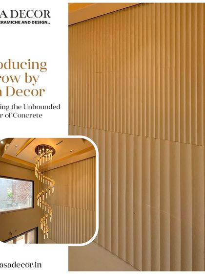 Introducing 'Furrow', a concrete panel collection that manifests poise and ingenuity. Here it is used to create a grand, textured wall that complements the high ceiling and dramatic chandelier.