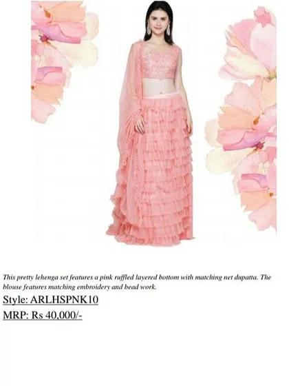 This pretty pink lehenga set from our catalogue features a pink ruffled layered bottom and a matching net dupatta. The blouse has matching embroidery and beadwork, with an original MRP of Rs 40,000.