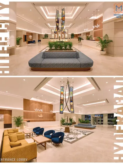 First impressions are everything. We designed the entrance lobby for Lemontree Premier in Hitec City, Hyderabad, as a bright, expansive space featuring a stunning central art installation, setting a tone of modern luxury from the moment you walk in.