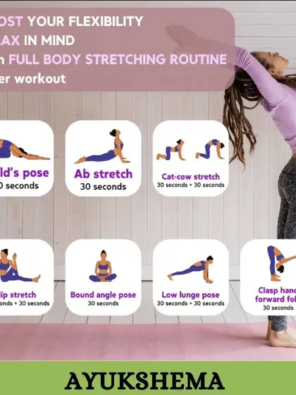 To help you continue your wellness journey at home, here is a simple full-body stretching routine. Poses like the child's pose and low lunge are excellent for relaxing your mind and increasing flexibility after any workout.