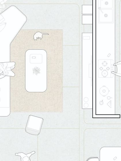 This is the initial layout for 'The Time Capsule' living and kitchen area. The plan shows the open-concept design that encourages flow and maximizes the feeling of space, a key element of the Japandi style.