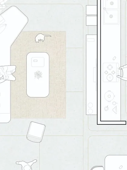 This is the initial layout for 'The Time Capsule' living and kitchen area. The plan shows the open-concept design that encourages flow and maximizes the feeling of space, a key element of the Japandi style.