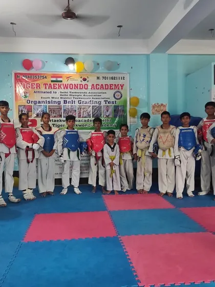 The team of Tiger Taekwondo Delhi, all geared up and ready for a sparring session.
