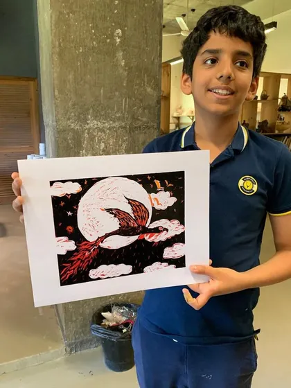 The level of detail and artistry that comes out of our woodcut workshops is always amazing. This young artist created a powerful image of a phoenix, mastering the carving technique to produce a bold, professional-quality print.