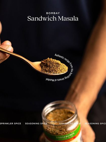A spoonful of my Bombay Sandwich Masala, an authentic recipe from the bustling streets of Mumbai. This finely ground sprinkler spice is designed to give your sandwiches that perfect tangy and savoury kick.