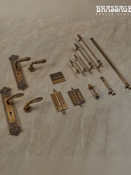 Here we see the full breadth of the Volga Collection in Antique Brass. From lever handles and cabinet pulls to hinges and bolts, we craft every piece from premium solid brass to provide a complete, harmonious hardware solution.