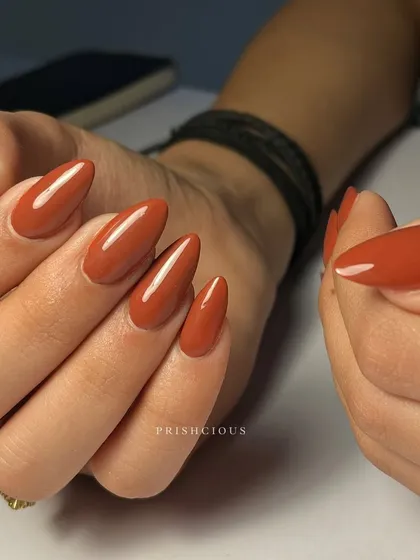A beautiful, glossy manicure in a warm terracotta brown. This color is so chic and perfect for any season.