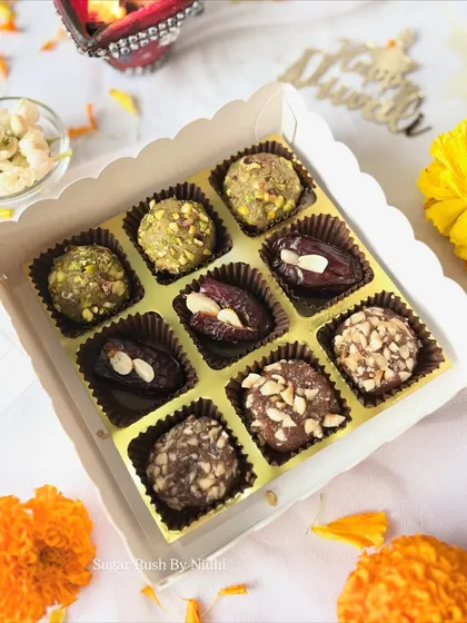 A closer look at the delicious treats in my Diwali 'Sweet Box', including Pistachio Mafroukeh and Peanut Butter Stuffed Dates.
