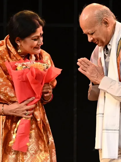 Exchanging greetings with Shri Arijit Pasayat after receiving the award. Such events bring together people from the worlds of art, culture, and law, fostering a rich dialogue.