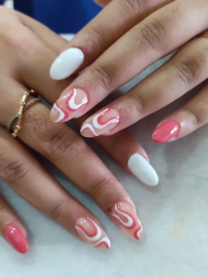 A great color combination of pink, white, and red. This set features abstract swirls and lines for a playful and artistic vibe.